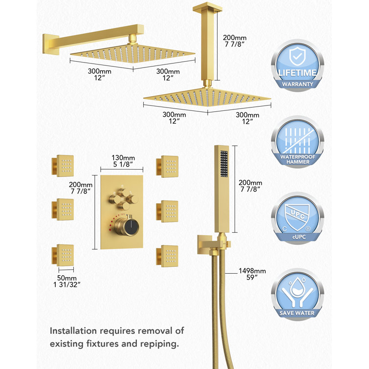 DualJetSpa 12" Gold Dual Shower Head with Body Jets