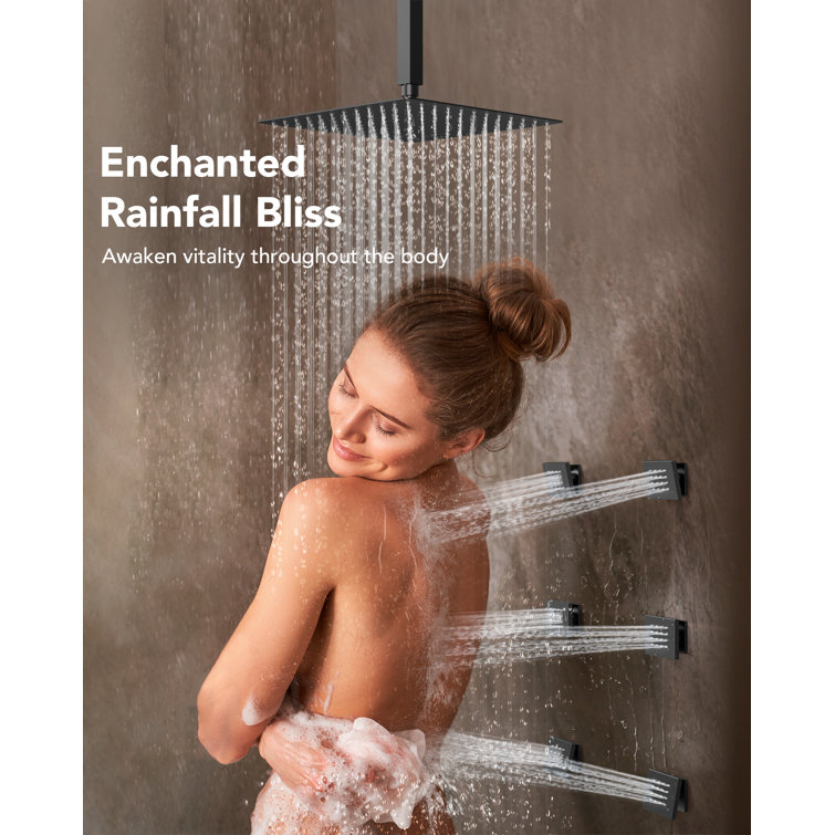 Matte Black Dual Shower Head System with Body Jets and Hand Shower
