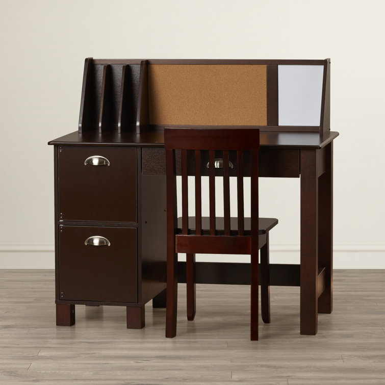 Espresso Wood Writing Desk with Hutch and Chair