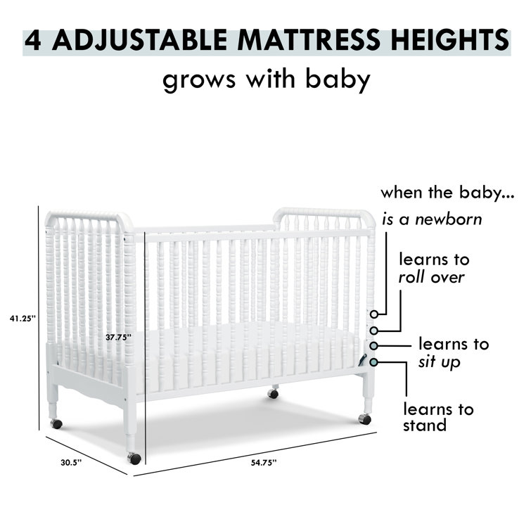 White Pine Wood 3-in-1 Convertible Crib with Wheels