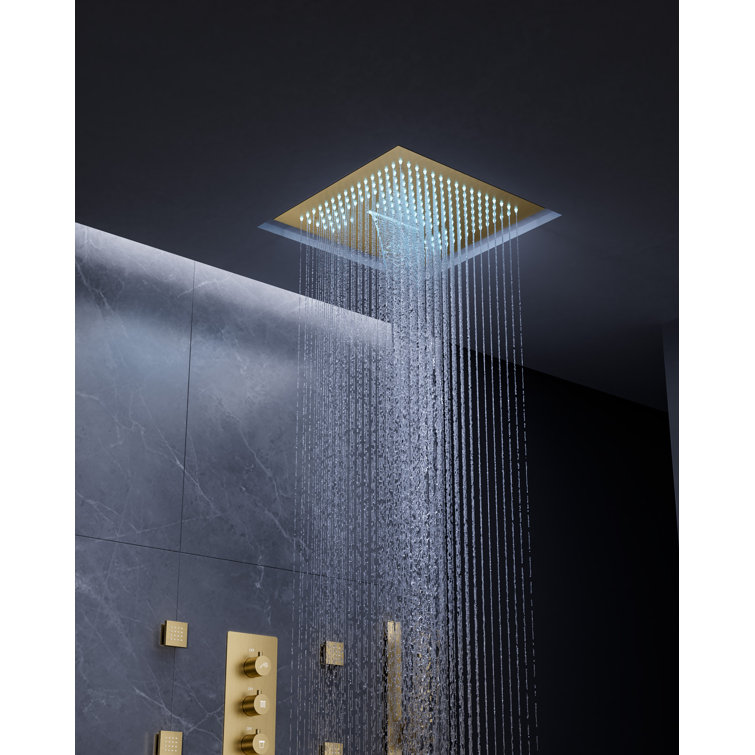 Large Brushed Gold LED Ceiling Mount Shower System
