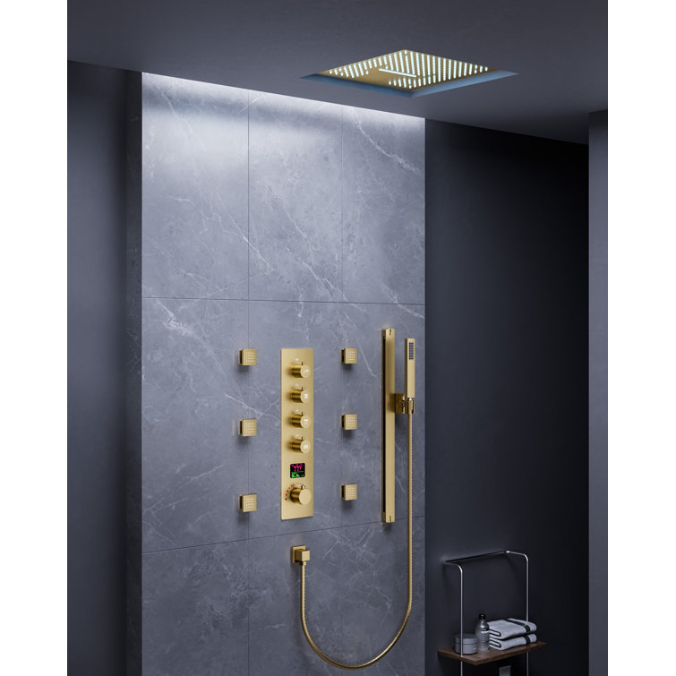 Large Brushed Gold LED Ceiling Mount Shower System