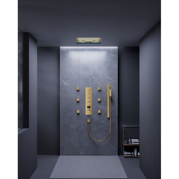 Large Brushed Gold LED Ceiling Mount Shower System