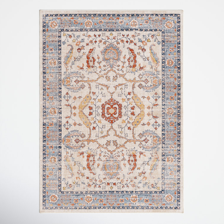 Vintage Blue and Beige Floral Medallion Synthetic Rug