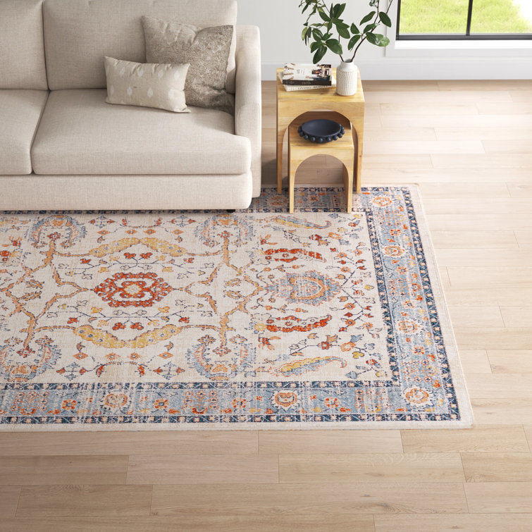 Vintage Blue and Beige Floral Medallion Synthetic Rug