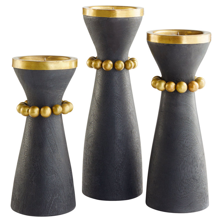 Antique Brass and Black Mango Wood Tabletop Candleholder
