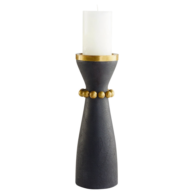 Antique Brass and Black Mango Wood Tabletop Candleholder