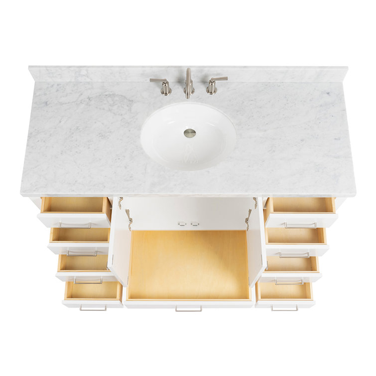 Cambridge 54" White Wood Freestanding Bathroom Vanity with Carrara Marble Top