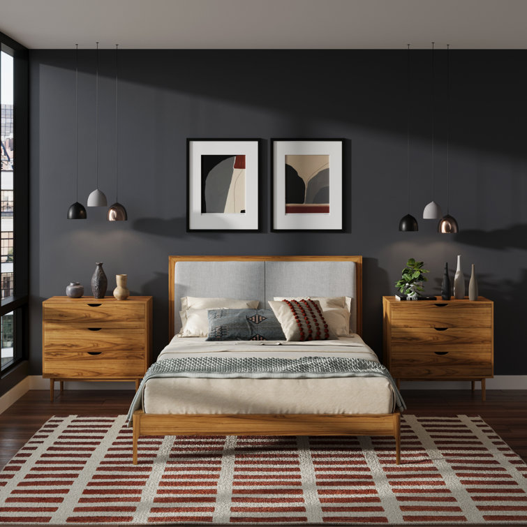 Natural Wood Queen Upholstered Platform Bed with Storage Drawer