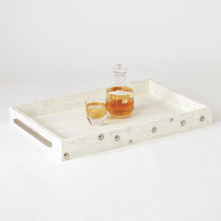 Large Distressed White Mango Wood Tray with Nickel Accents