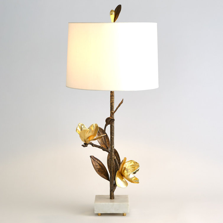 Magnolia Blossom Brass Table Lamp with White Linen Shade