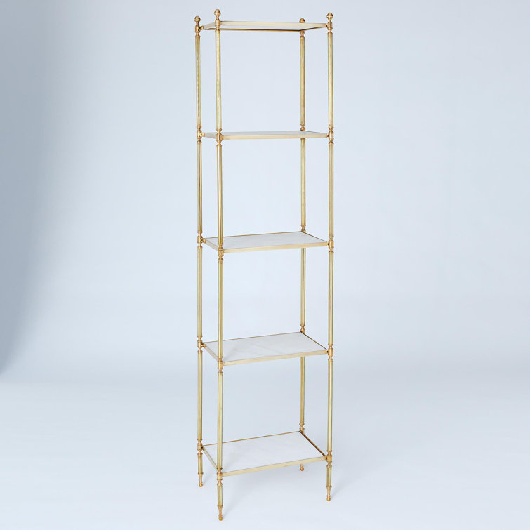 Brass and White Marble Tall Etagere Bookcase