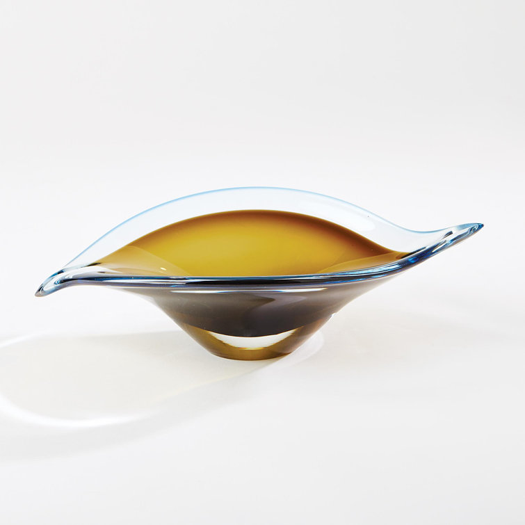 Oval Blue and Amber Glass Decorative Bowl with Stand