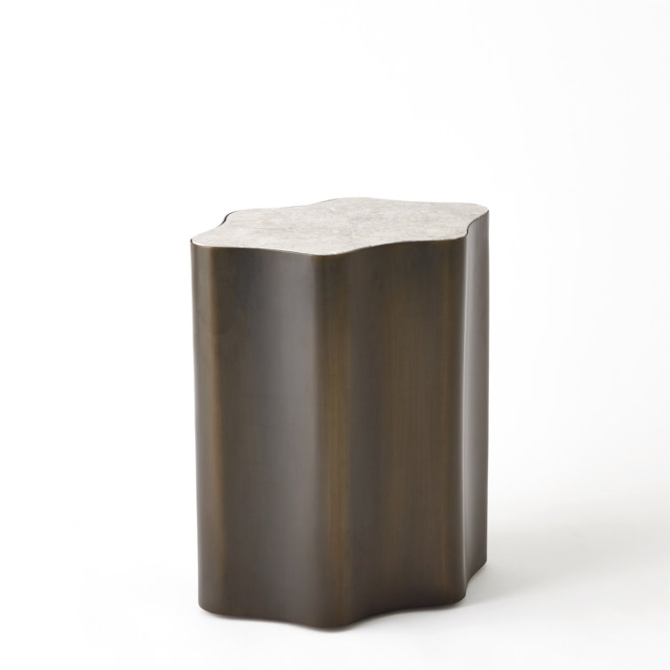 Gray Marble Top Pedestal End Table with Bronze Base