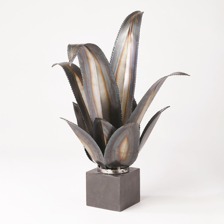 Handmade Iron Agave Sculpture with Black Marble Base