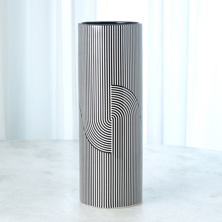 Black and Silver Geometric Porcelain Floor Vase, 16"