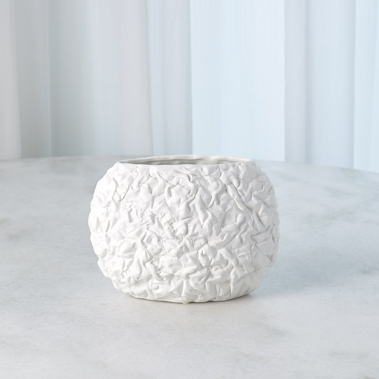 Matte White Crinkled Ceramic Table Vase, 7.25" H