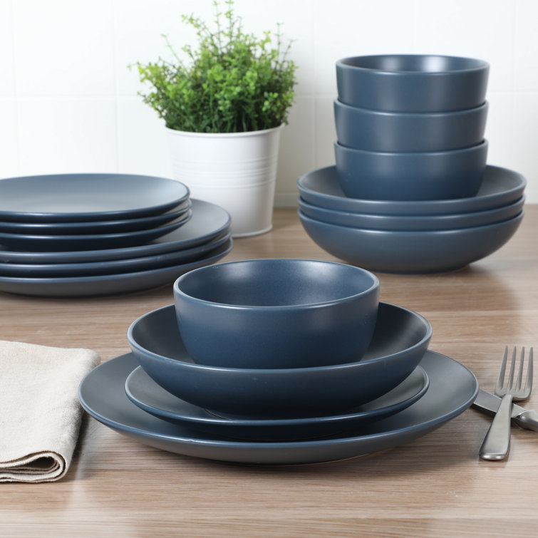 Matte Blue Ceramic 16-Piece Dinnerware Set for 4