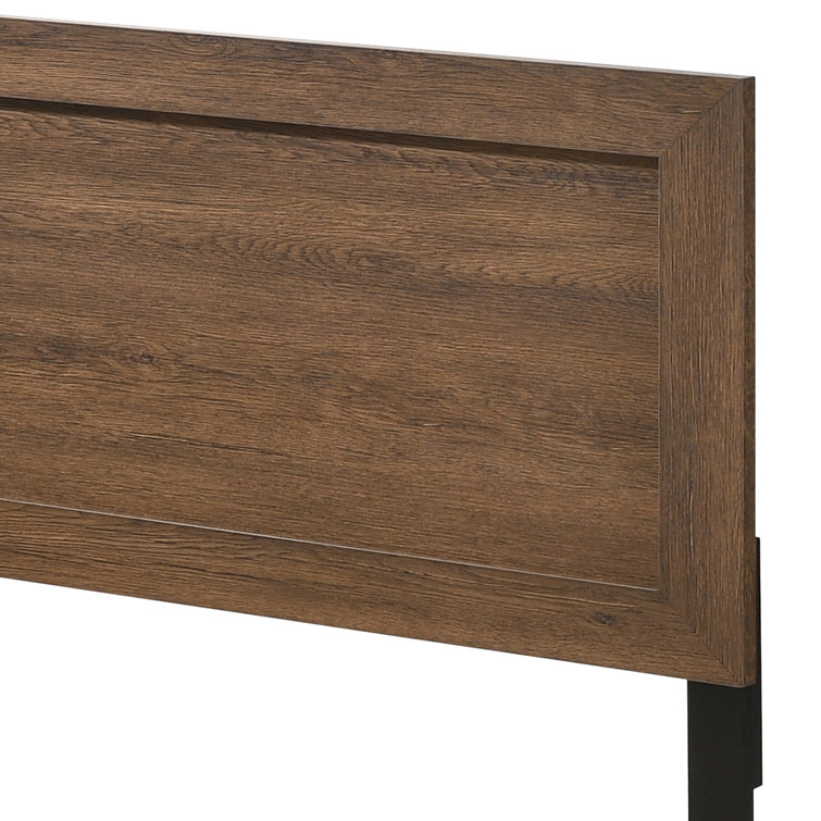 Elegant Oak Queen Bed with Upholstered Headboard and Storage Drawer