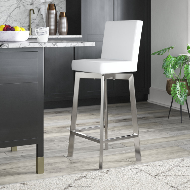 White Faux Leather Swivel Bar Stool with Stainless Steel Frame