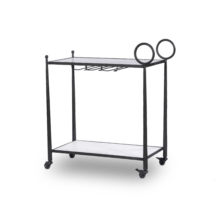 Black Metal and Marble Round Bar Cart with Storage