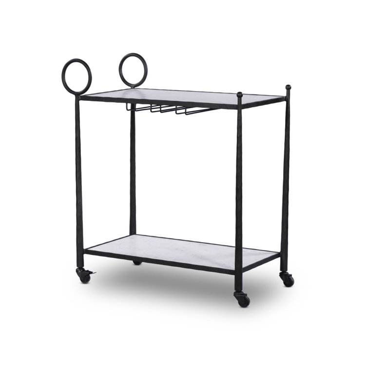 Black Metal and Marble Round Bar Cart with Storage