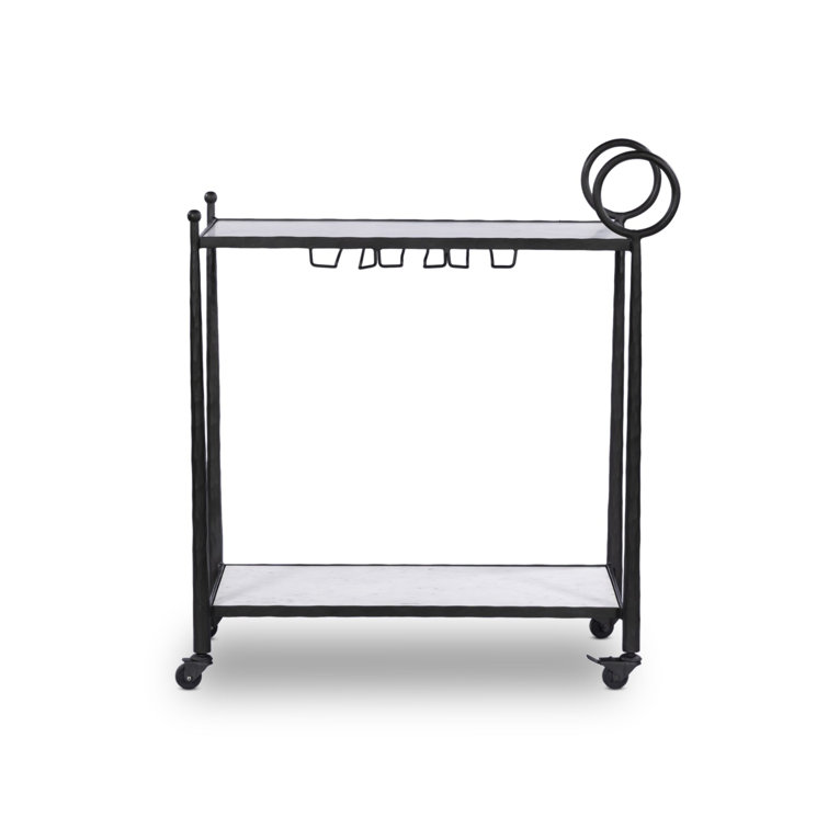 Black Metal and Marble Round Bar Cart with Storage
