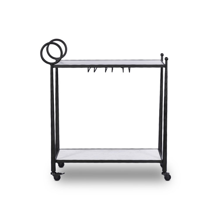 Black Metal and Marble Round Bar Cart with Storage