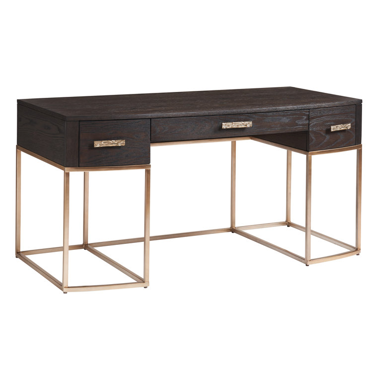 Mocha Oak Veneer Writing Desk with Gold Metal Base