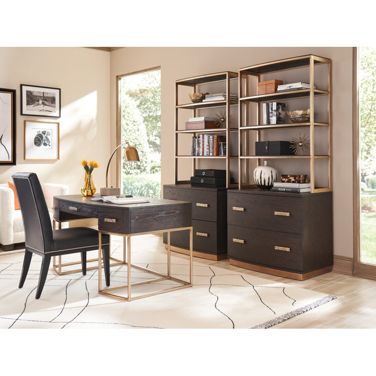 Mocha Oak Veneer Writing Desk with Gold Metal Base