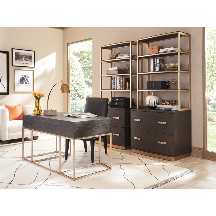 Mocha Oak Veneer Writing Desk with Gold Metal Base