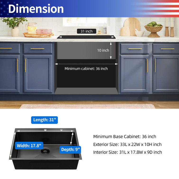 33'' Black Stainless Steel Single Bowl Drop-In Kitchen Sink