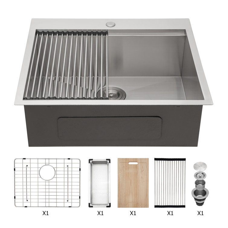 25'' Stainless Steel Drop-In Single Bowl Kitchen Sink with Accessories