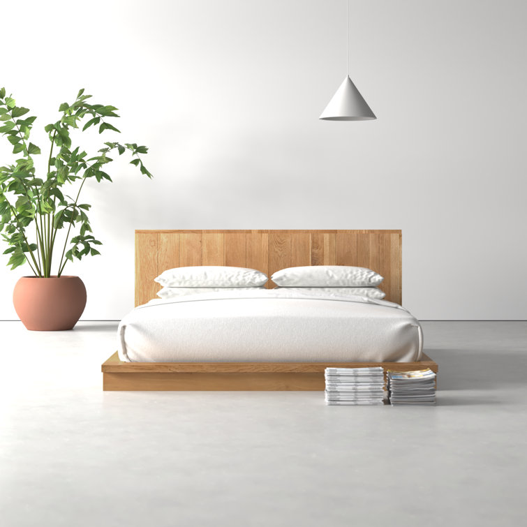 Mid-Century Modern Oak King Platform Bed with Natural Grain