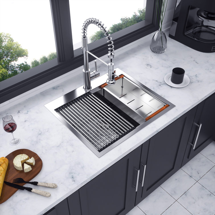 25'' Brushed Nickel Stainless Steel Single Bowl Workstation Sink