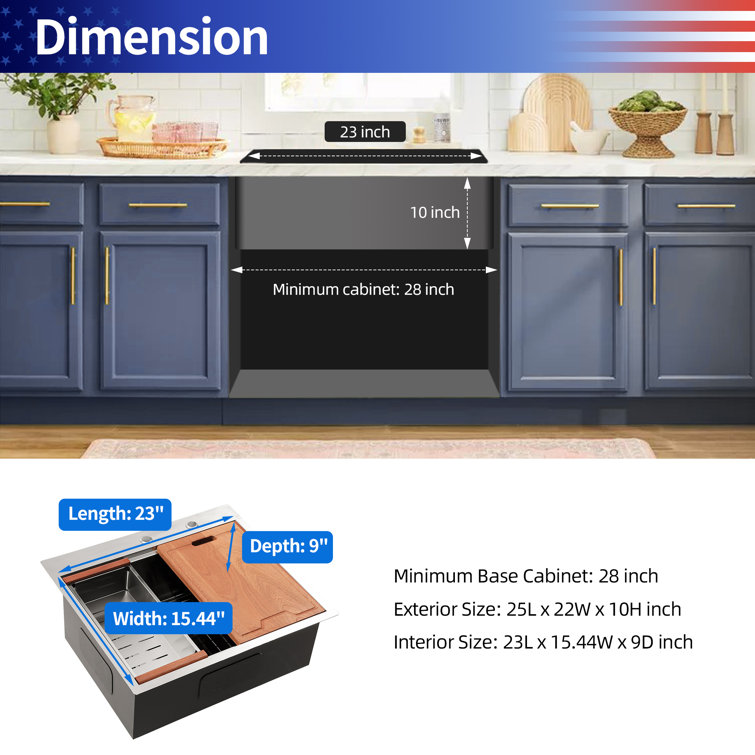 25'' Brushed Nickel Stainless Steel Single Bowl Workstation Sink