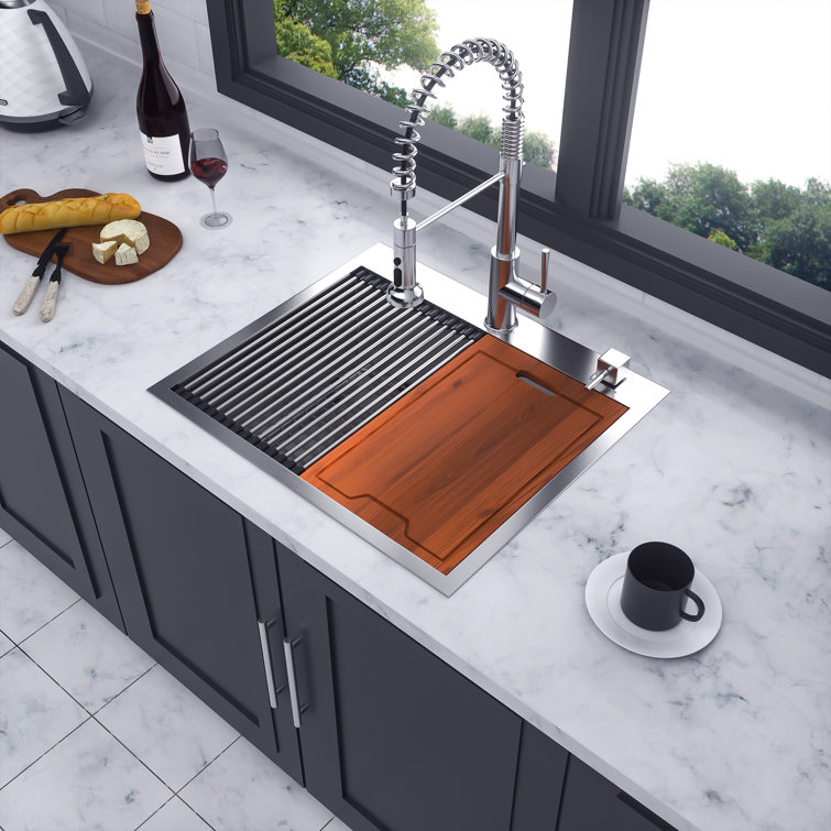 25'' Brushed Nickel Stainless Steel Single Bowl Workstation Sink
