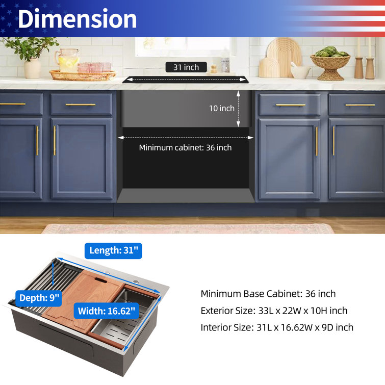 33'' Stainless Steel Single Bowl Kitchen Sink with Accessories