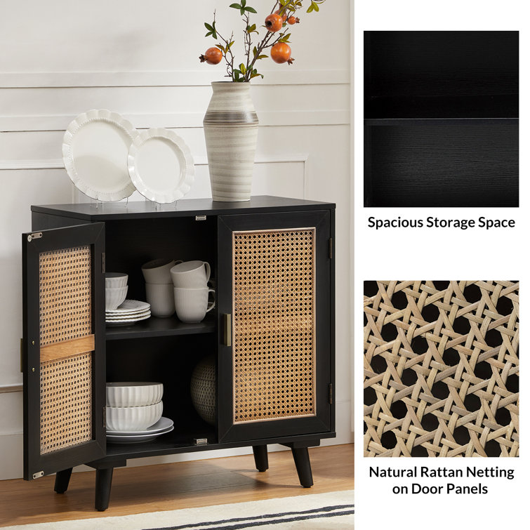Black Freestanding Accent Cabinet with Rattan Doors and Solid Wood Legs