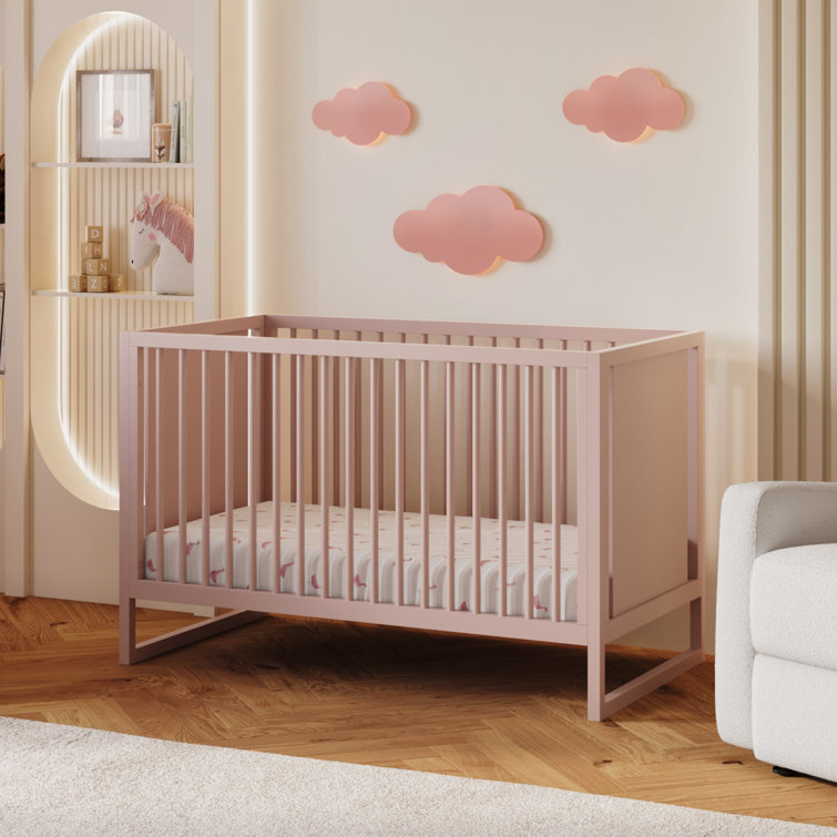 Blush Pink Convertible Baby Crib with Adjustable Heights