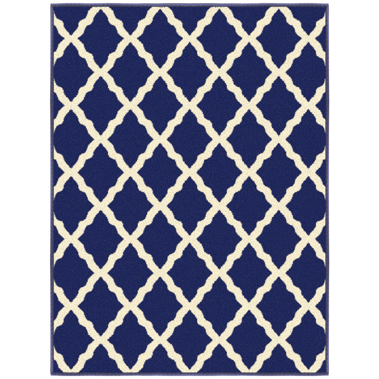 Navy and Ivory Synthetic Trellis Non-Slip Area Rug, 2'3" x 3'