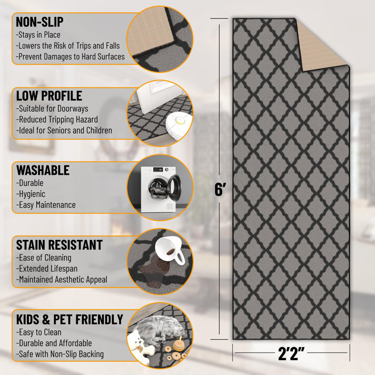Dark Gray Washable Non-Slip Trellis Runner Rug