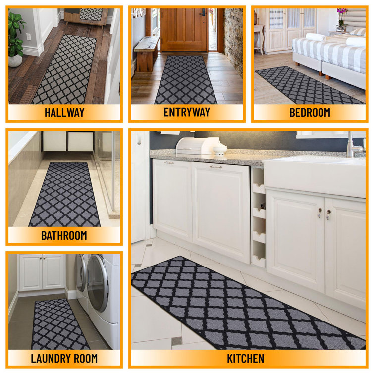 Dark Gray Washable Non-Slip Trellis Runner Rug
