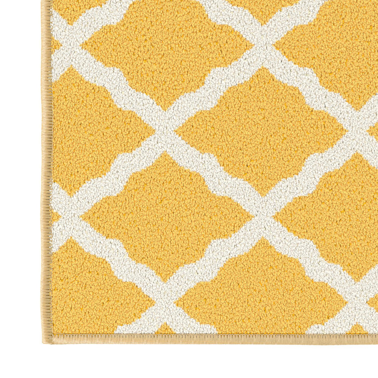 Yellow and White Moroccan Trellis Washable Kids Rug