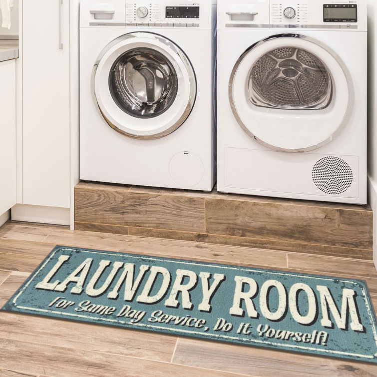 Baby Blue Rubberback Rectangular Laundry Room Runner Rug
