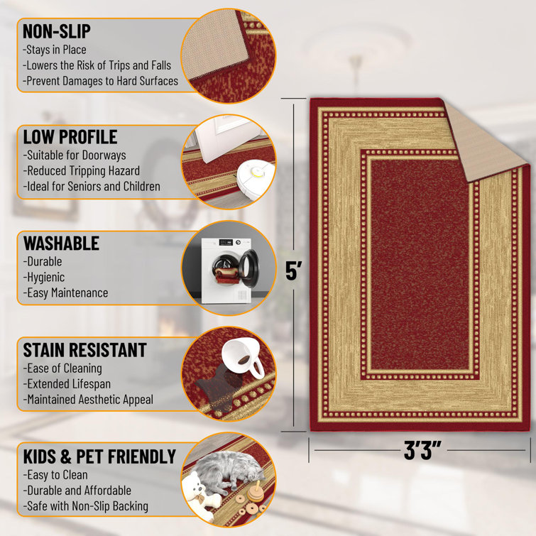 Red and Beige Rectangular Non-Slip Washable Area Rug