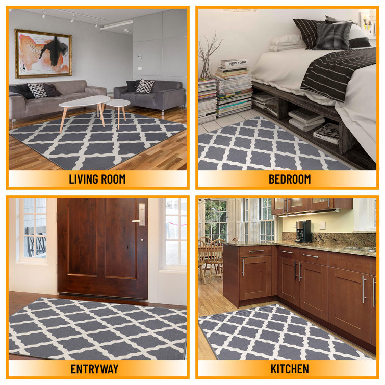 Gray and White Washable Non-Slip Trellis Area Rug