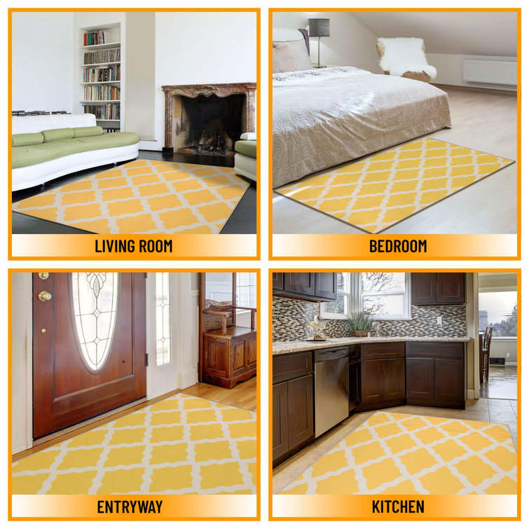 Yellow and White Moroccan Trellis Washable Kids Rug