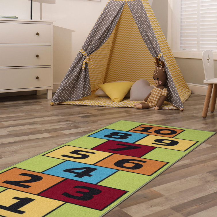 Green Educational Hopscotch Non-Slip Kids Runner Rug