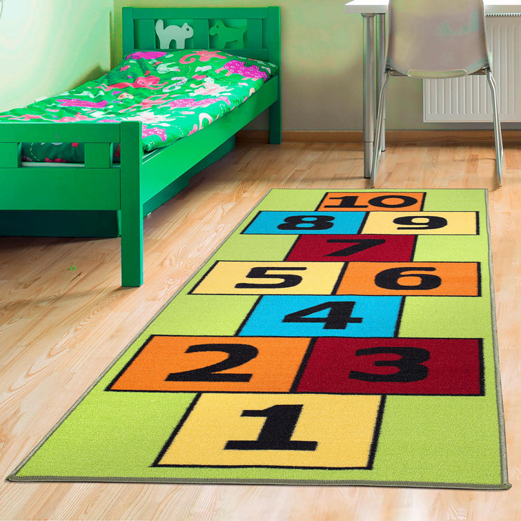 Green Educational Hopscotch Non-Slip Kids Runner Rug